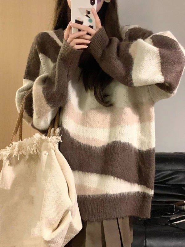 美拉德撞色条纹套头毛衣女2025秋冬新款复古宽松显瘦软糯针织衫潮|undefined