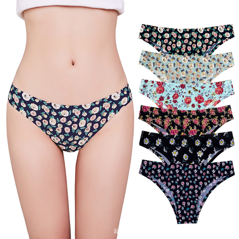 European and American Cross-border Export Temptation Hot One-piece Breathable Seamless Sexy Cotton Crotch Women's Printed Briefs for Women