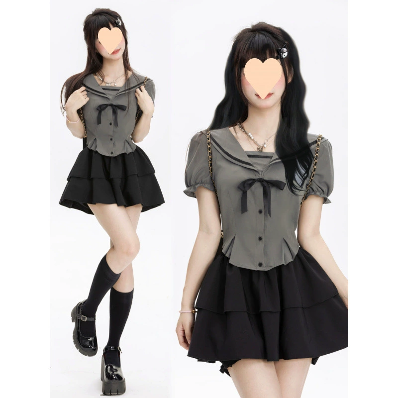 Дневник для девушек Black -gray College Wind Waist Liman Спальная юбка набор