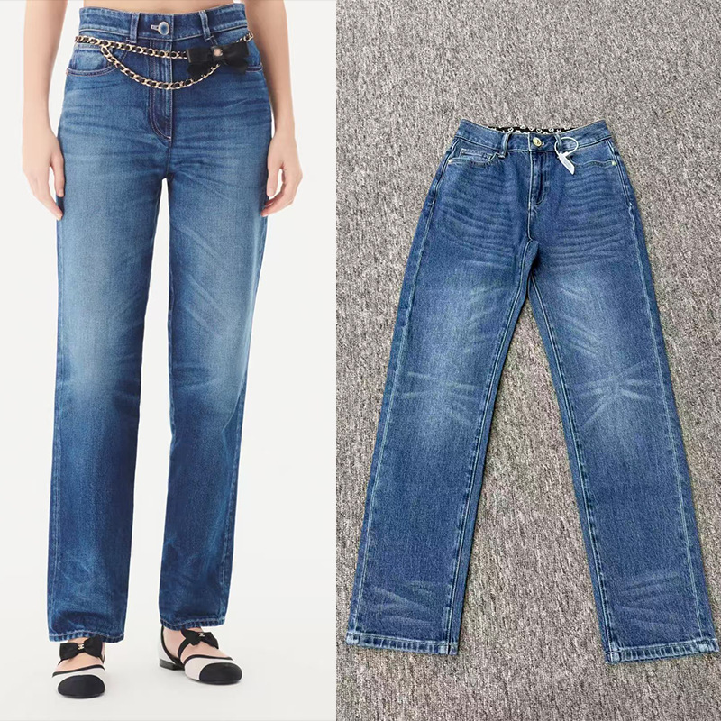 Jennie-Style Straight-Leg Jeans for Women, Chanel-Inspired High-Waisted Loose Fit with Slight Stretch, Cropped Pants, European and American Style, 2025 New Model