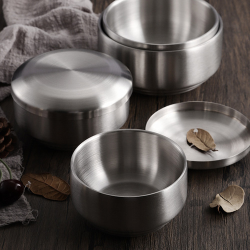 Korean 304 stainless steel bowl with lid, household double-layer insulated soup bowl, children's eating bowl, golden cooking kimchi bowl