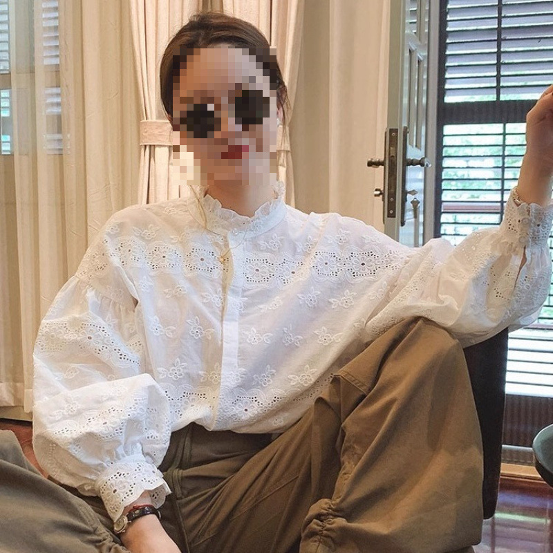 French Romantic Lace Cut Out Embroidered Shirt for Women 2025 Autum Loose Slimming Look Elegant Versatile Long-Sleeved Top