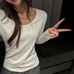 严选V领磨毛加厚打底衫女秋冬德绒高品质内搭上衣修身正肩长袖t恤
