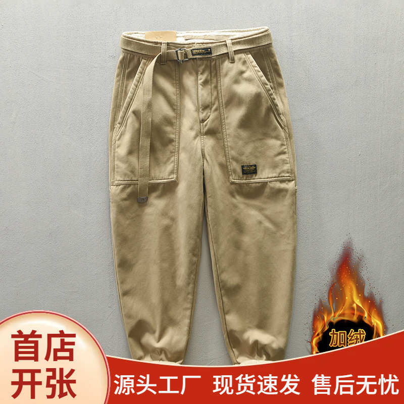 American-Style Heavy-Duty Cargo Pants for Men, Winter Fleece-Lined Thickened Casual Pants, Stylish Loose Straight-Leg Fleece Men's Pants Trendy