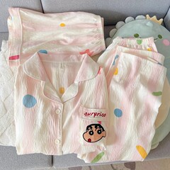夏季新款日系蜡笔小新云朵棉纱睡衣女短袖可爱网红风家居服三件套
