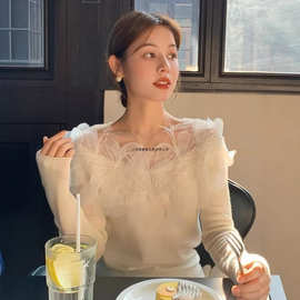 温柔风网纱拼接杏白针织衫女秋一字肩刺绣设计感法式独特精致上衣