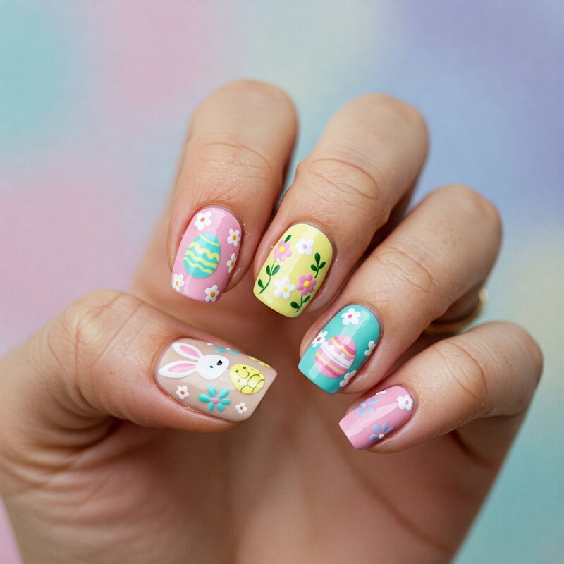 Cross-Border Spring Short Square Easter Nail Art with Chicks and Eggs, Elegant and Cute White Flower Nail Pieces Cross-Border Spring Short Square Easter Nail Art with Chicks and Eggs, Elegant and Cute White Flower Nail Pieces