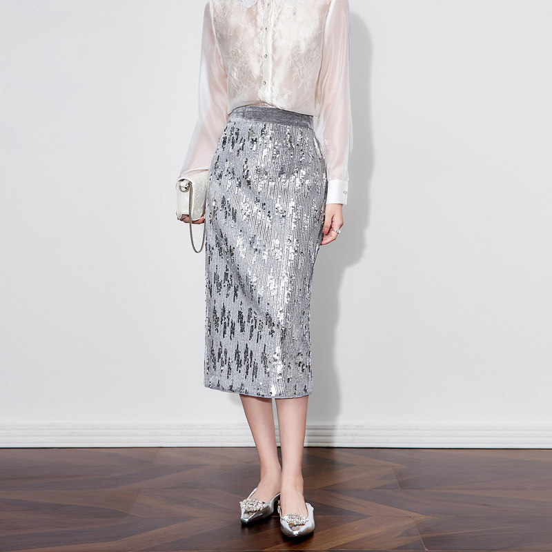 2511207-Flowing Silver Sequin Skirt Women's Autumn New Elegant High-Waisted Long Nanyou Hip-Hugging Skirt