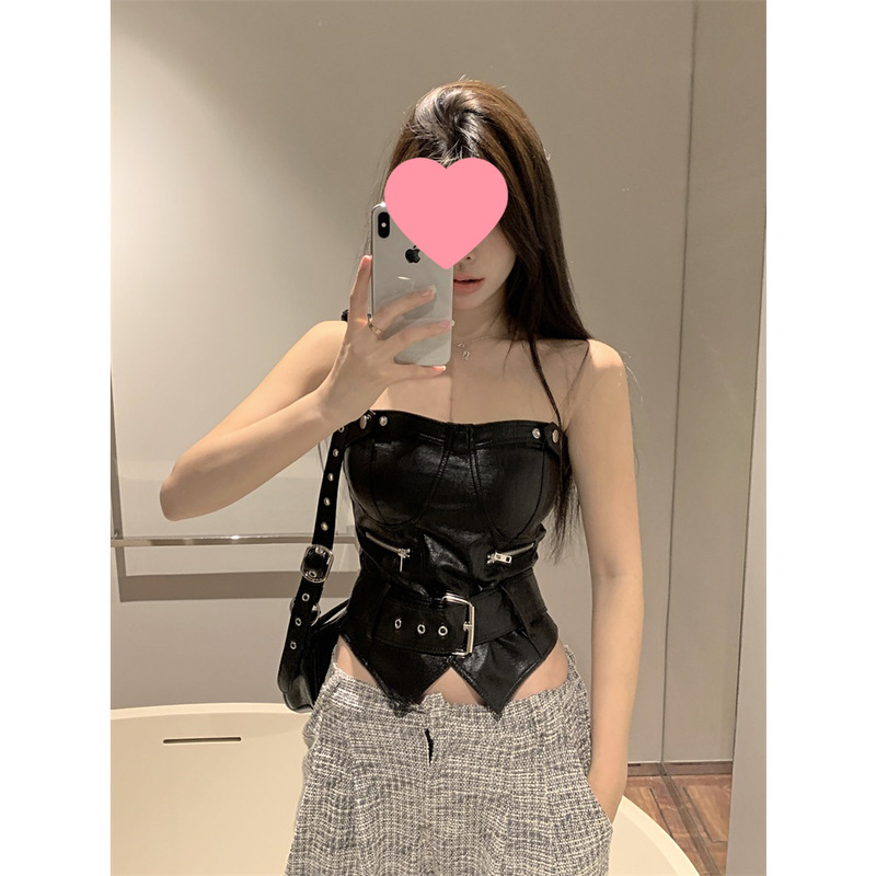 Hot girl pure PU leather tube top women's summer tight waist inner wear irregular design short top outer wear