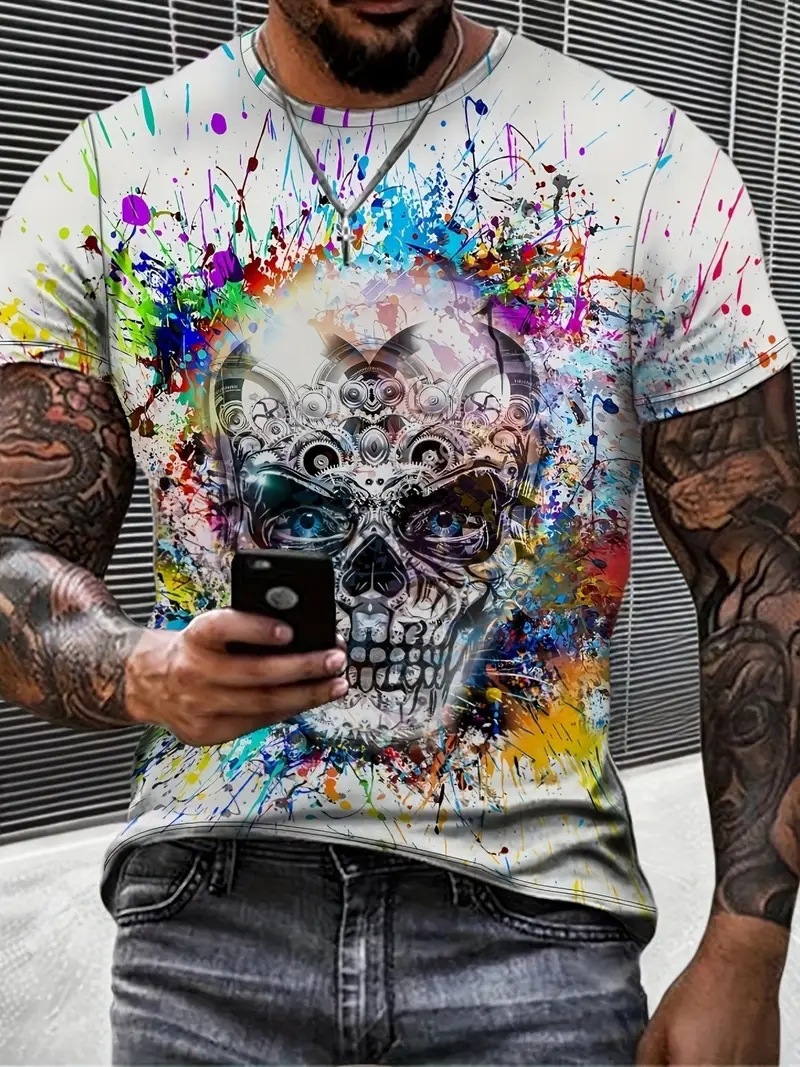 Camiseta de cuello redondo transpirable de malla de manga corta suelta para hombre con estampado digital 3D