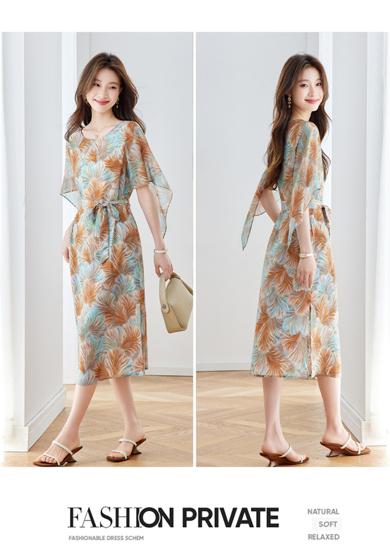 Đầm maxi nữ thắt eo in họa tiết hoa tay ngắn dáng suông che khuyết điểm — xanh lam, Màu hồng chi tiết 17