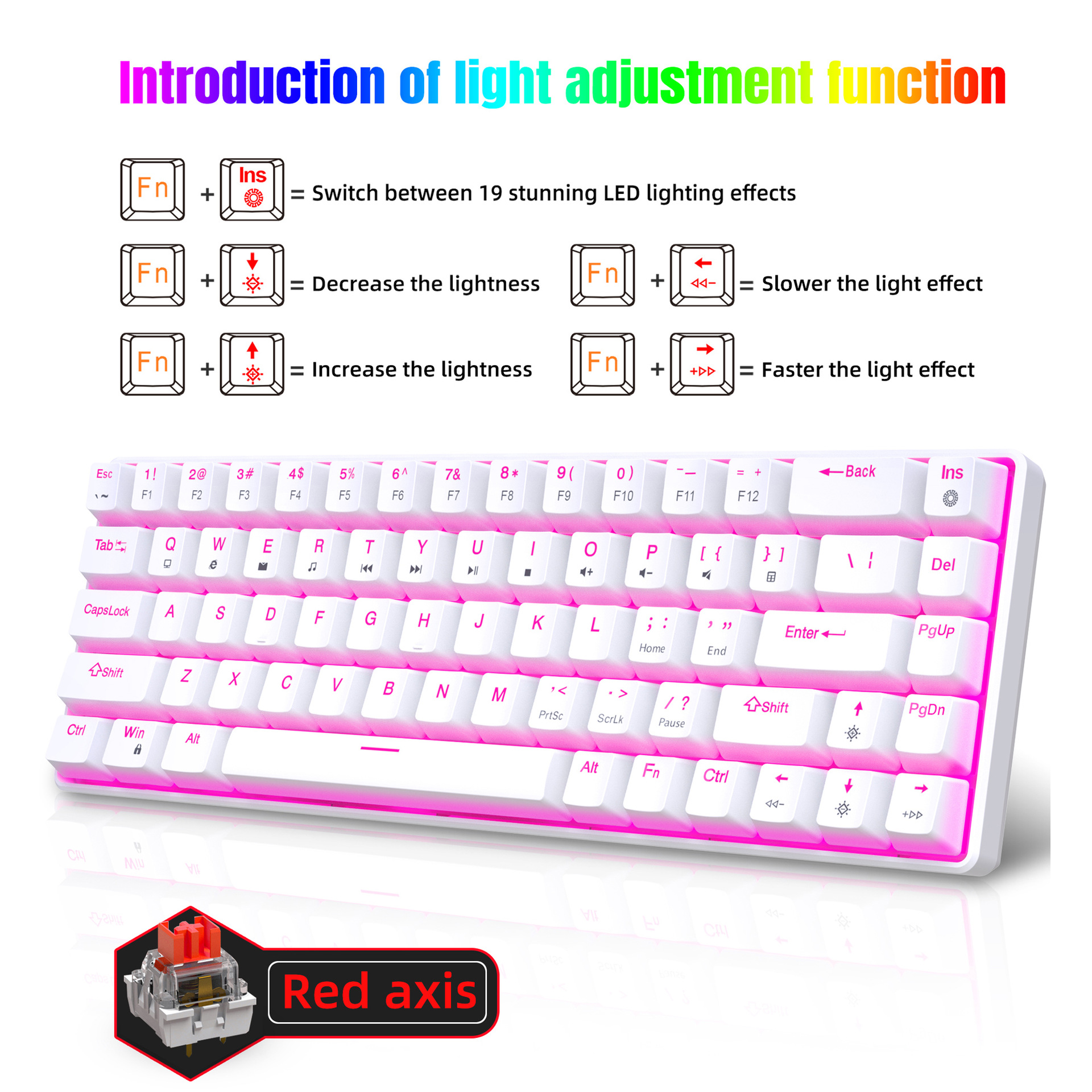 68 mechanical with separated and unplugged key wires, red axis dual color injection molded keycaps, pink lighting, wired_voghion.com