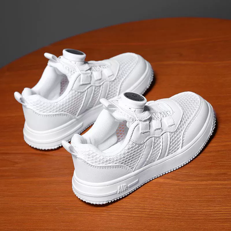 Детские белые туфли с вращающимися кнопками, летние сетчатые дышащие туфли для мальчиков и девочек 2025 года