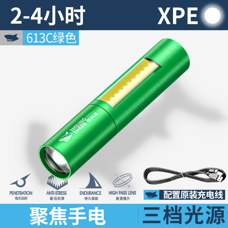 613C 녹색 [측면 조명이 있는 줌, 내장 14500 리튬 배터리 600MAH, 플라스틱 상자]