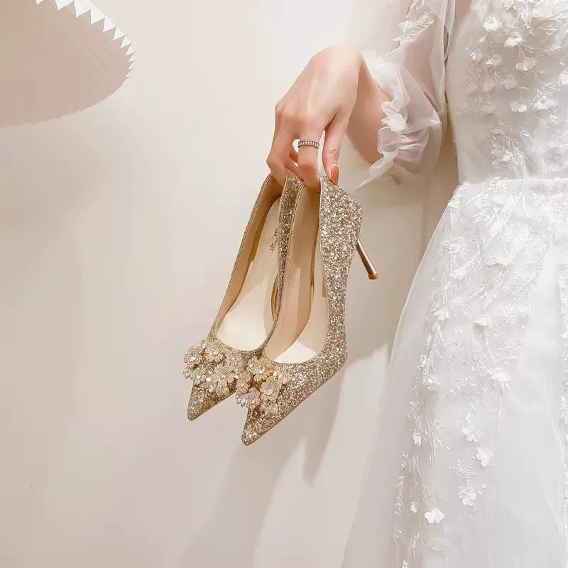法式主婚莎婚鞋女新娘结婚高跟鞋不累脚伴娘敬酒水晶鞋配饰