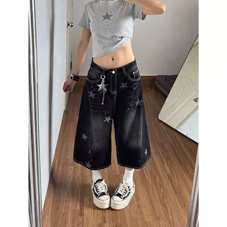 美式千禧风黑色七分牛仔裤满幅星星印花设计阔腿明线夏季潮流女裤