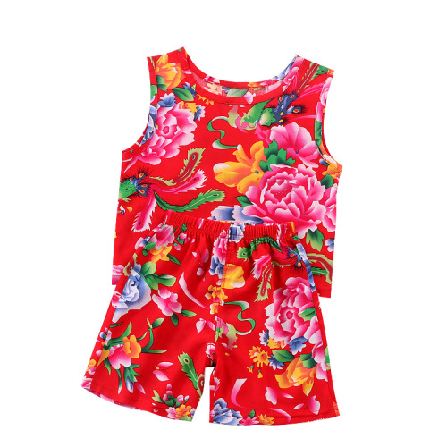 Children's set, unisex summer thin cotton voile floral halter shorts, baby tummy cute two-piece set