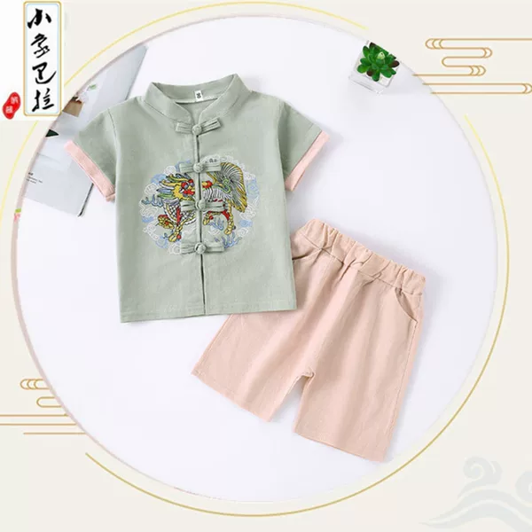 Children's Clothing Han Dynasty Summer 2022 New Style Cotton and Linen Short-Sleeved Suit for Boys and Girls Chinese Style Embroidered Tang Suit Ethnic Style
