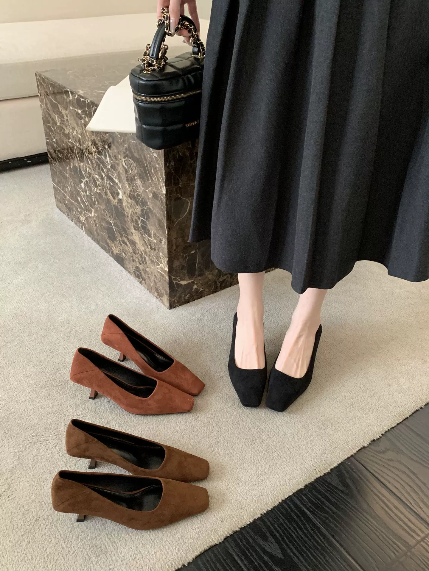 2025 новая весенняя мода замша квадратная голова с высоким каблуком темперамент