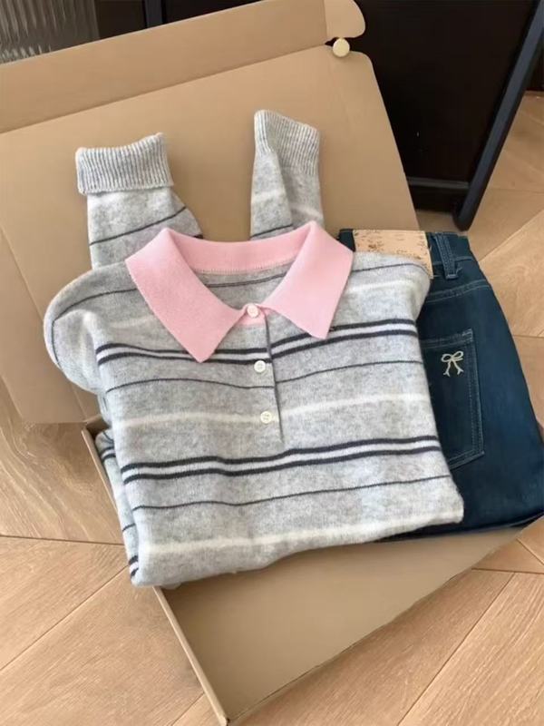 韩版条纹撞色翻领半纽扣套头毛衣女装秋季新款时尚显瘦针织衫上衣|undefined