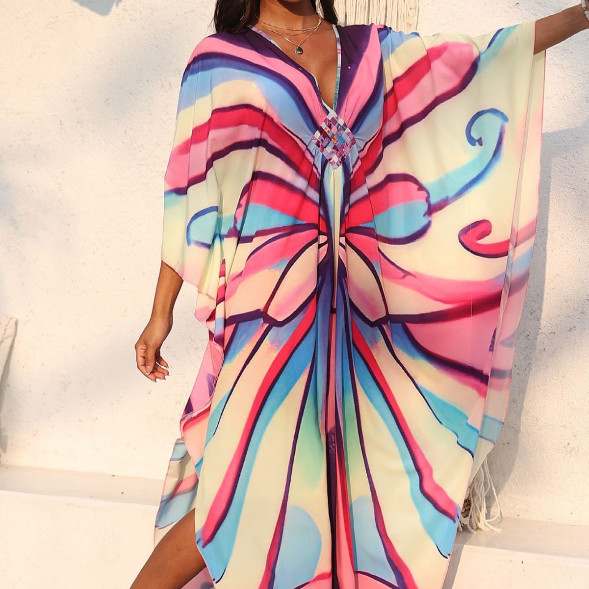 Cross-Border Hand-Woven Beach Cover-Up Positioning Printed Large Size Dress Vacation Beach Skirt 32 Colors