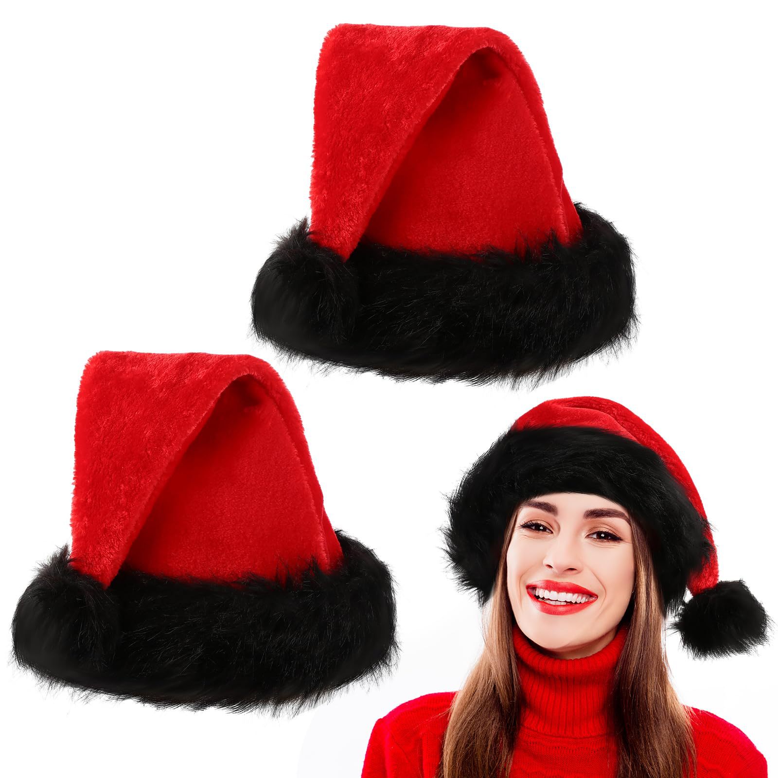 Christmas Long hair Santa hat Red black hat thick adult fluffy hat atmosphere props ornaments_voghion.com