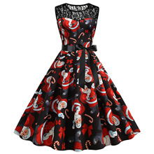 【圣诞节】C6079跨境女装货源蕾丝圆领无袖印花复古大摆连衣裙