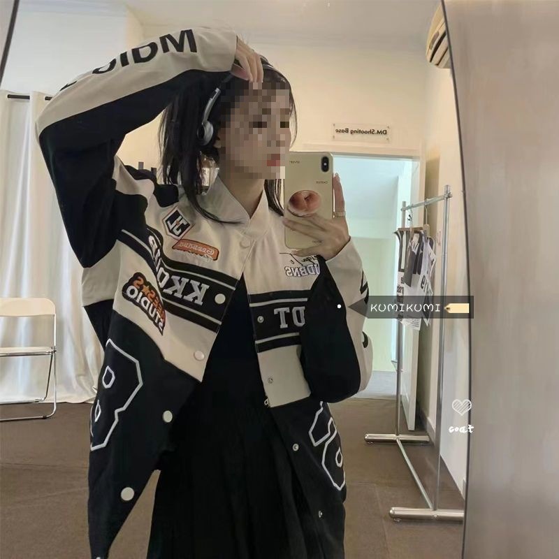 帅气夹克短外套女秋装字母刺绣复古宽松可拆卸机车棒球服上衣