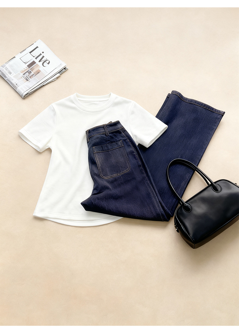Quần jean ống rộng Xinge denim xanh chống phai màu, lưng cao, dáng suông dài đến sàn — màu xanh denim chi tiết 13