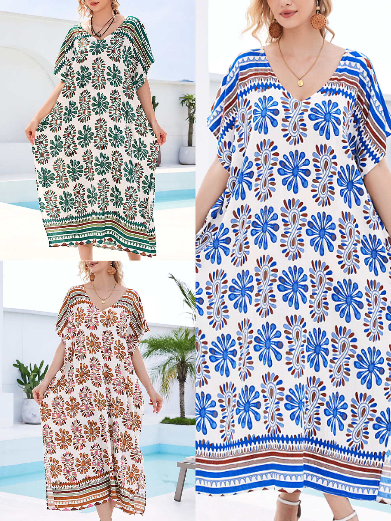 Blusa de playa Tiansi algodón estampado suelto de vacaciones vestido bohemio bikini camisa de protección solar M1-1