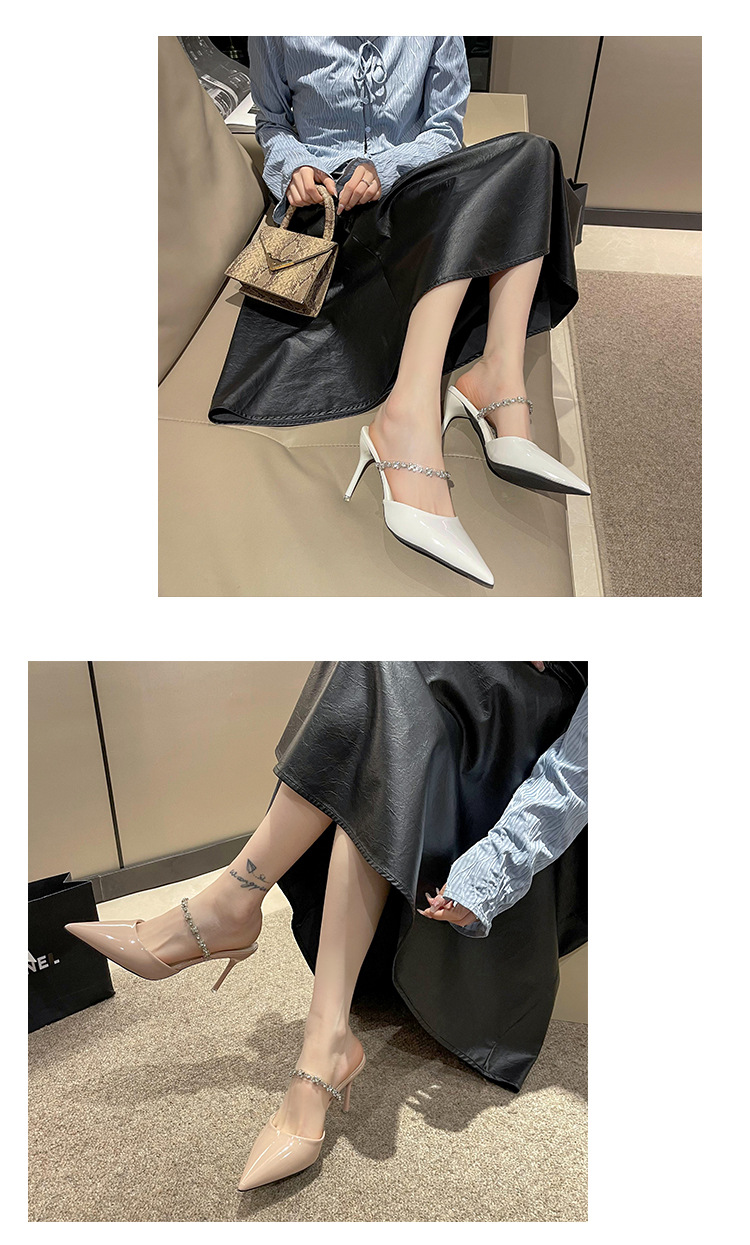 High-heeled toe slippers for women 2023 summer new style French rhinestone one-strap stiletto pointed toe patent leather half slippers_voghion.com