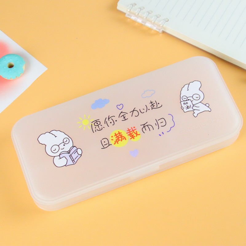 Creativo transparente color impresión papelería caja de dibujos animados estudiante de gran capacidad lápiz caso escritorio papelería caja de almacenamiento lindo lápiz