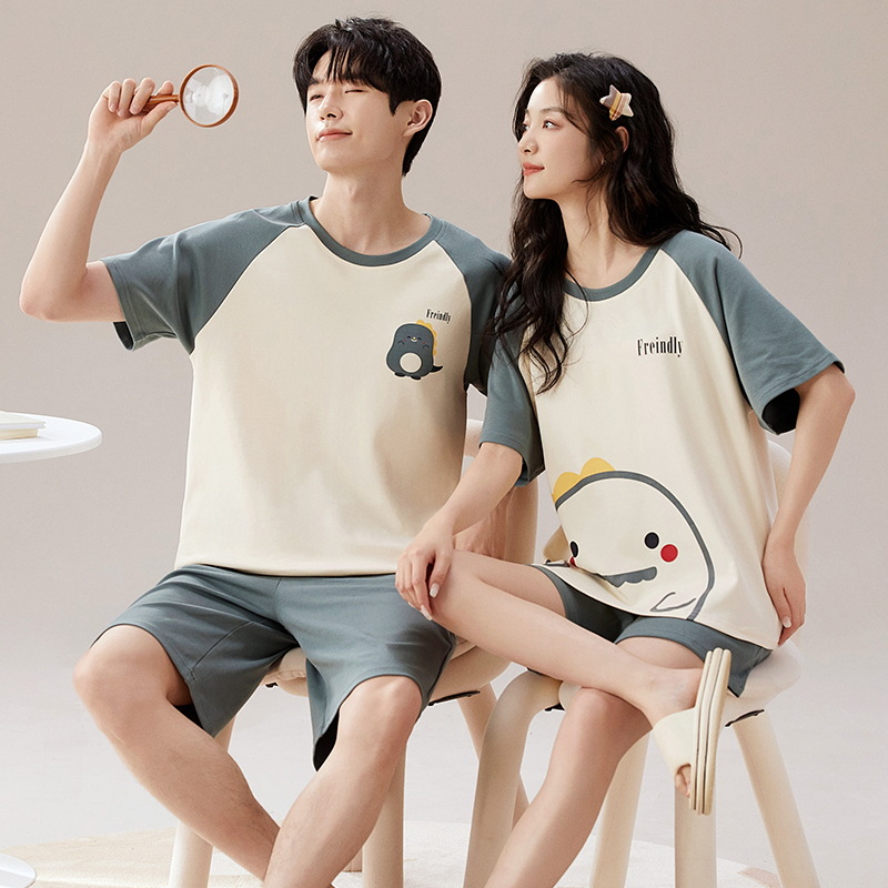 Summer outdoor couple pajamas cotton short-sleeved shorts thin cartoon cute student home wear men and women suit