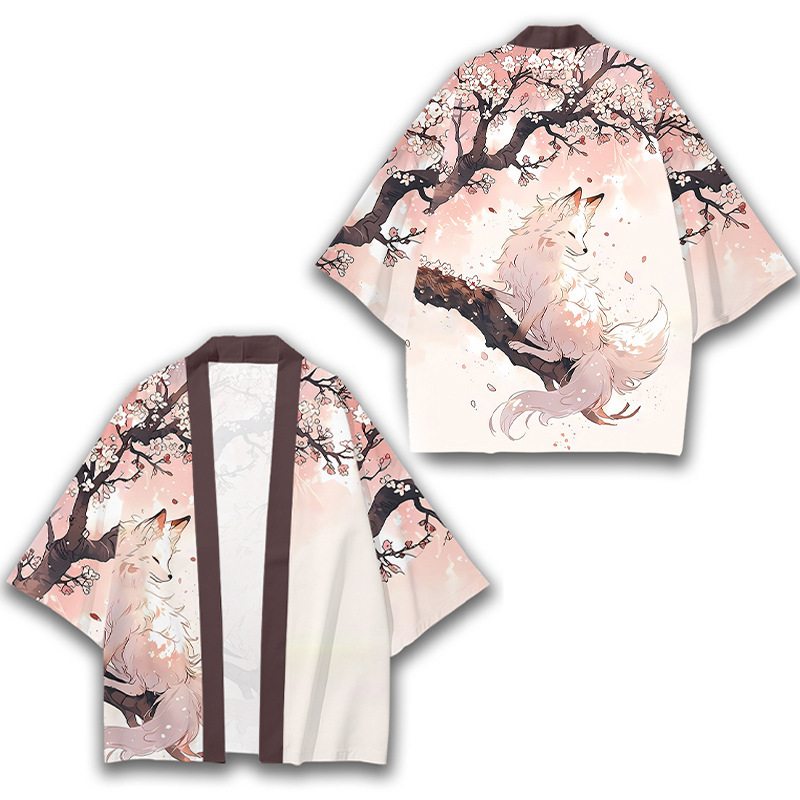 Japanese-Style Cherry Blossom Fox Fairy Print Feathered Jacket, Loose-Fitting Cardigan, Traditional Chinese Style, Unisex Casual Kimono Coat Wholesale Japanese-Style Cherry Blossom Fox Fairy Print Feathered Jacket, Loose-Fitting Cardigan, Traditional Chinese Style, Unisex Casual Kimono Coat Wholesale
