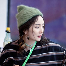 花儿与少年杨幂同款绿色兔毛针织帽秋冬保暖毛线帽子女纯色套头帽