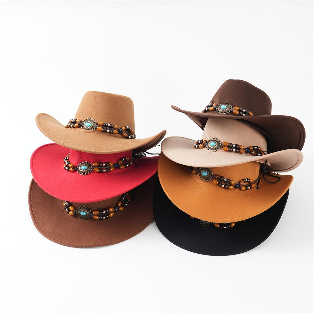 Cross-Border Amazon Western Cowboy Roll-Up Brim Large-Brim Cowboy Hat Gemstone Accessories Imitation Leather Velvet Jazz Hat Riding Hat