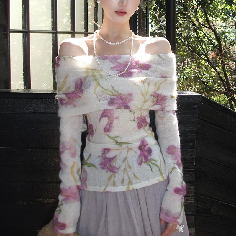 Mohair Wool One-Shoulder Off-Shoulder Knit Sweater for Women, Unique and Beautiful Miu-Style Printed Top for Spring and Summer Mohair Wool One-Shoulder Off-Shoulder Knit Sweater for Women, Unique and Beautiful Miu-Style Printed Top for Spring and Summer