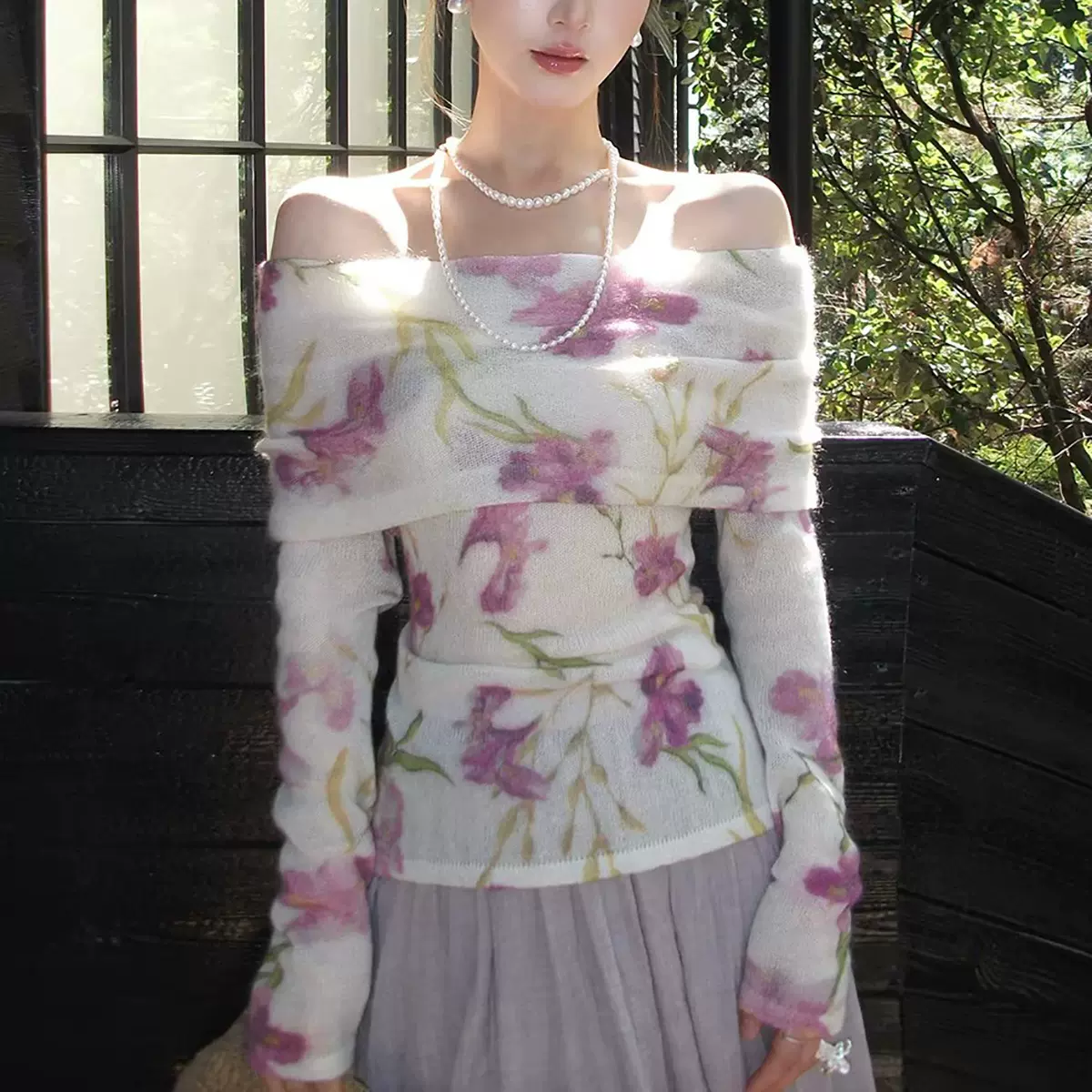 马海毛羊毛一字肩露肩针织衫女春夏季独特漂亮miu系印花上衣毛衣