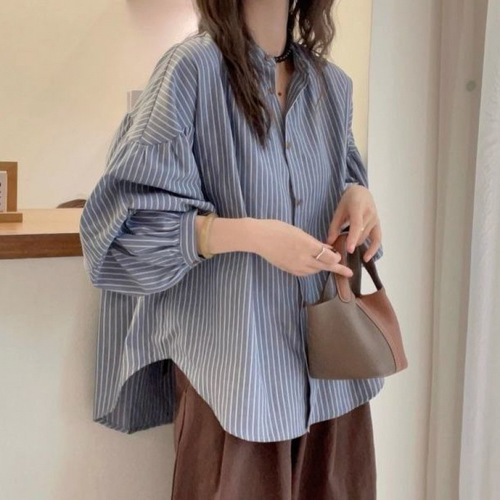 Autumn Striped Lantern Sleeve Loose Shirt Casual Jacket Loose Slimming Japanese Style Small Stand Collar Women's Top
