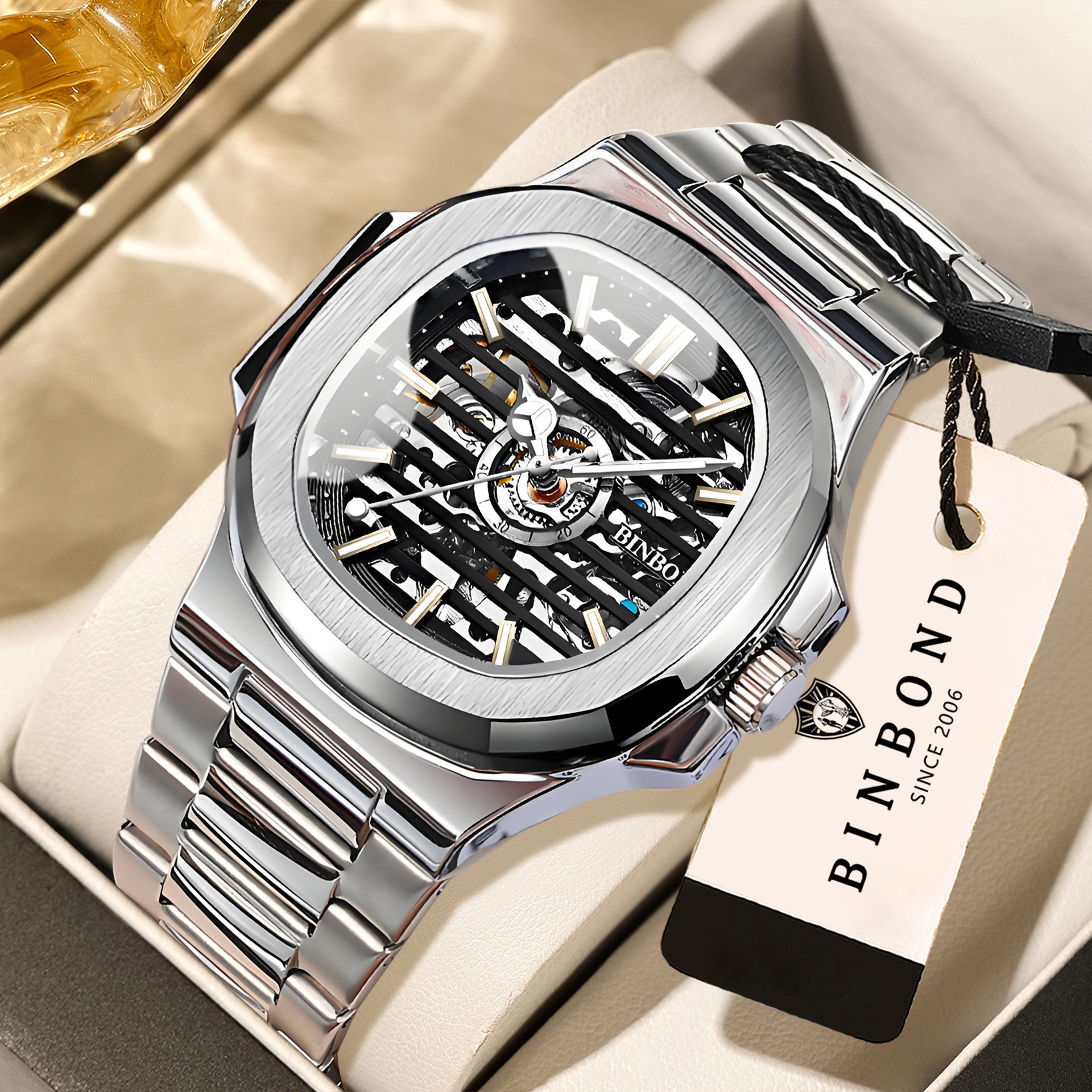 Binbang Square Business Black Technology Watch Men's Fine Steel Belt Luminous Hollow Automatic Mechanical Watch Cross-border Men's Watch