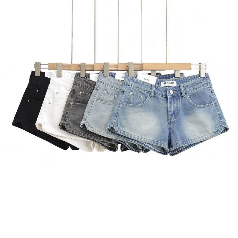 25 Summer Low-Waist Sexy Denim Shorts for Women, American Style Hot Girl, Wide Hips, Tight-Fitting, Hot Butt-Covering, Slimming Look Hot Pants, Cotton