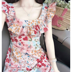 YQGFS (YQGFS) # 女性のためのフレンチプリントの小さなフライングスリーブドレス、夏の海辺の休暇、美しいレトロでエレガントなウエストロングスカート