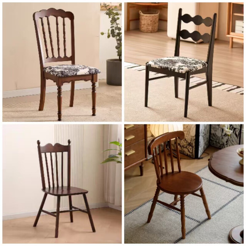 American Mid-Century Style Dining Chair, French Backrest Chair, Famous Club Soft-Packed Seat, Living Room Internet Celebrity Retro Solid Wood Chair