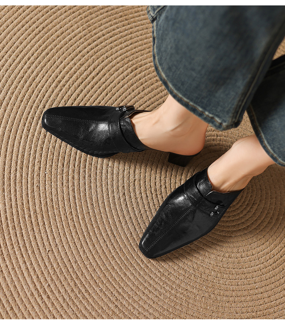Dép sandal cao gót nữ mũi nhọn quai ngang da dê gót thô 5 cm — đen chi tiết 9