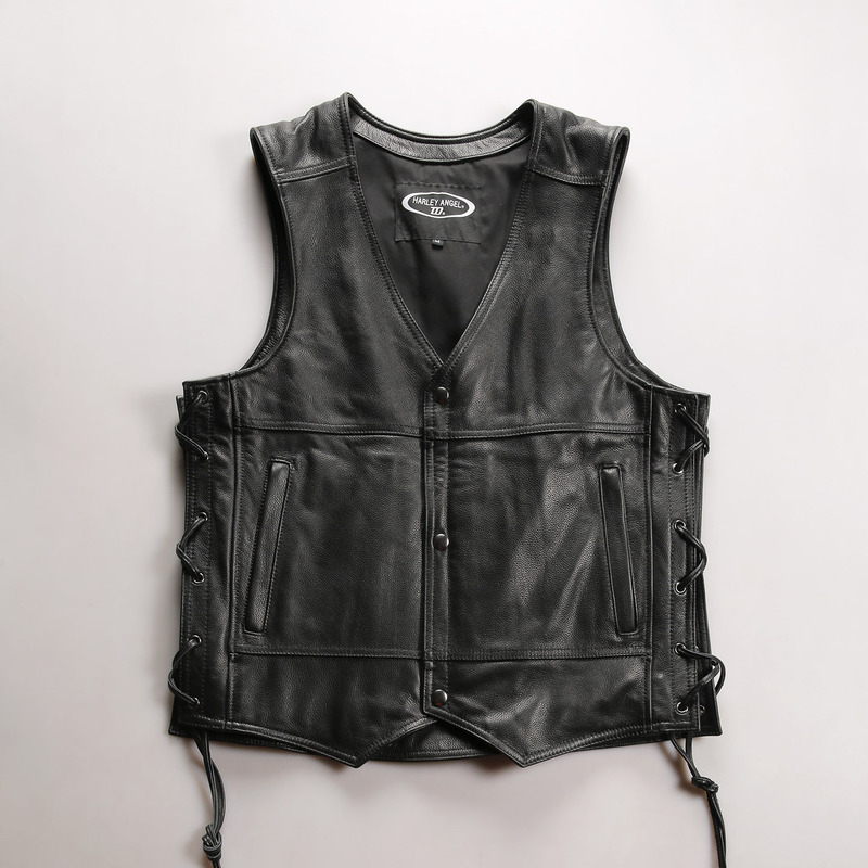 Club Custom-Made Summer Harley Angel Genuine Leather V-Neck Vest for Men, American Retro Yellow Cowhide Vest