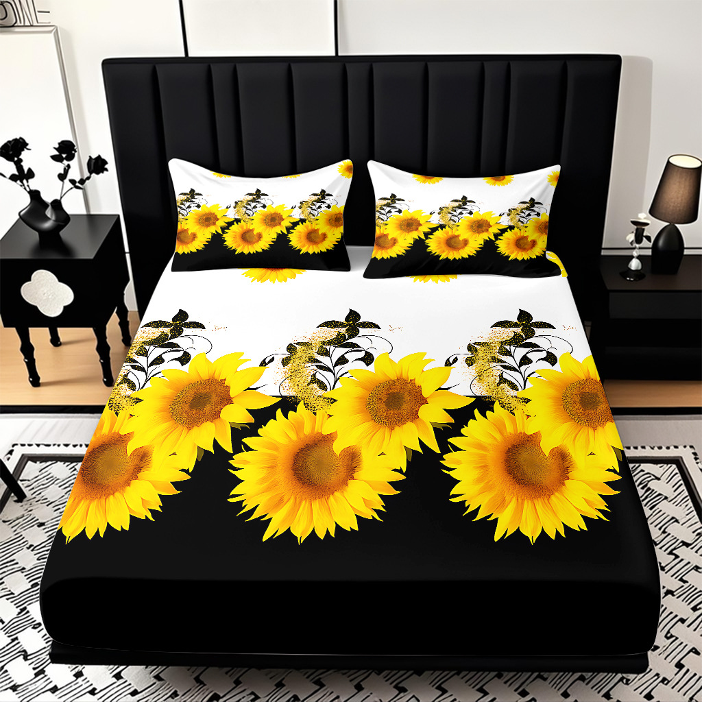 Comercio exterior transfronterizo textil doméstico patrón de girasol impresión digital 3D cama de molienda de tres piezas JIT modelo Temu