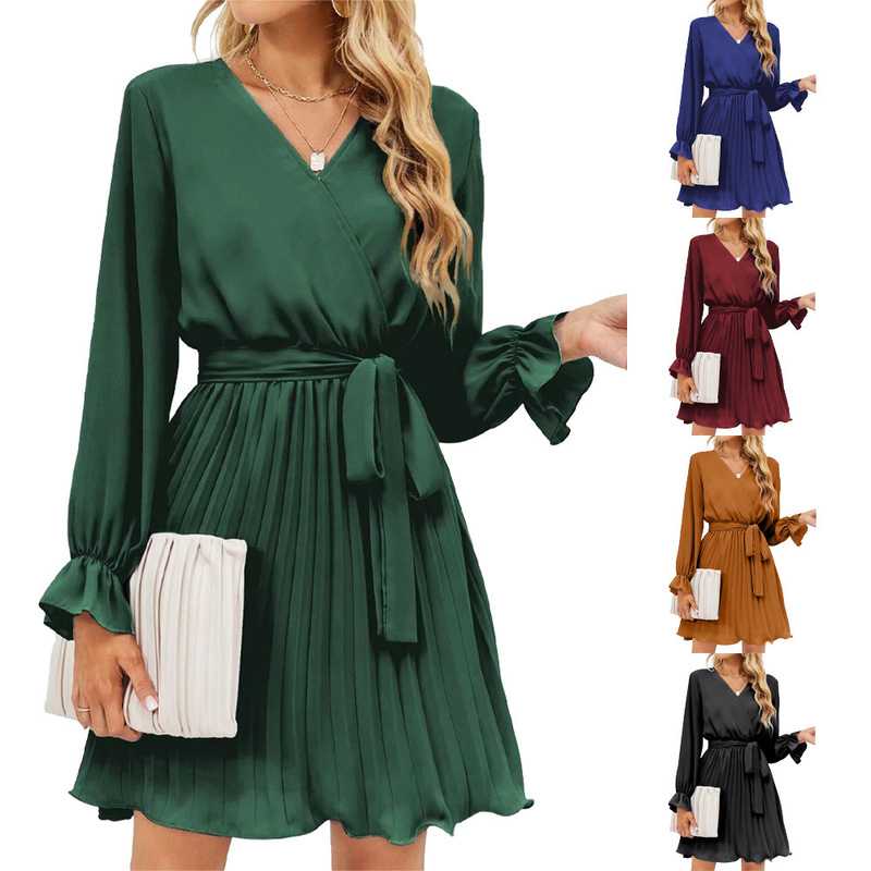 European and American Cross-border Women's V-neck Wrap Dress Wedding Guest Casual Pleated Long-sleeved Mini Dress European and American Cross-border Women's V-neck Wrap Dress Wedding Guest Casual Pleated Long-sleeved Mini Dress