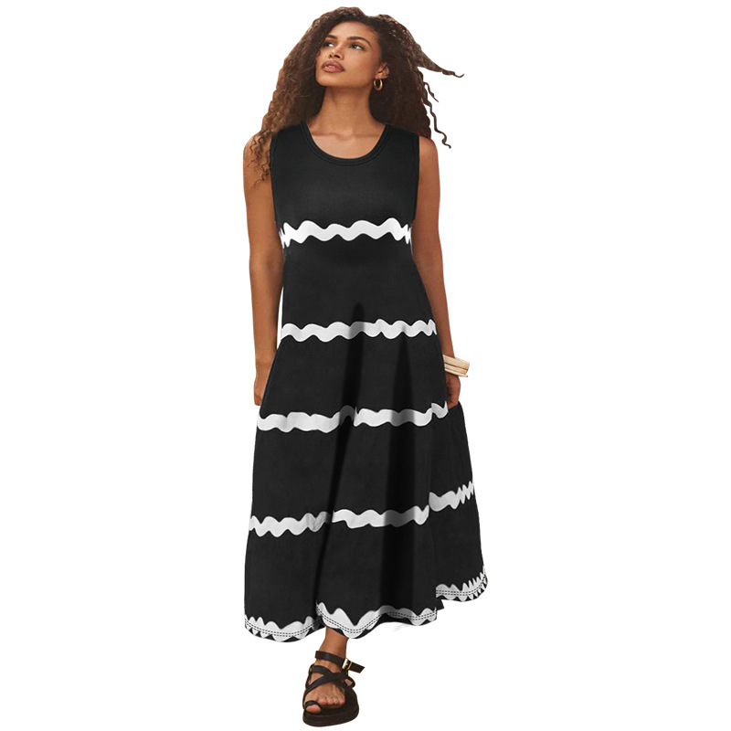 Plus size dames jurk mouwloos met spaghettibandjes gestreept_voghion.com