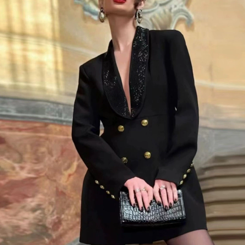 Элегантный костюм-платье 2025: новинка в европейском и американском стиле для торжественных мероприятий, глубокий V-образный вырез, открытая спина, стразы, приталенный силуэт, жакет.