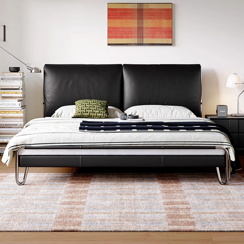 Bama de cuero estilo Bauhaus 2025 cama principal cama grande cama negra blanda de 1,8 m cama doble de alta gama nuevo